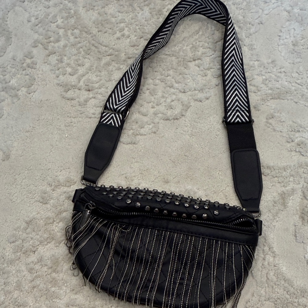 Black Studded Crossbody Bag with Chevron Strap